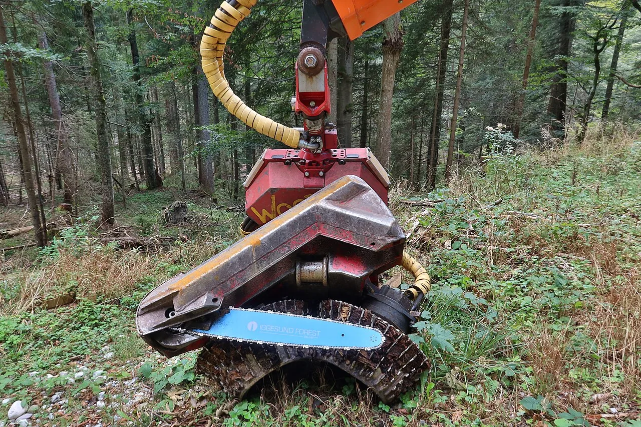 Harvesterschiene an einer Maschine zur Holzernte an der Bad Wiesseer Höhenstraße 2023-09-24